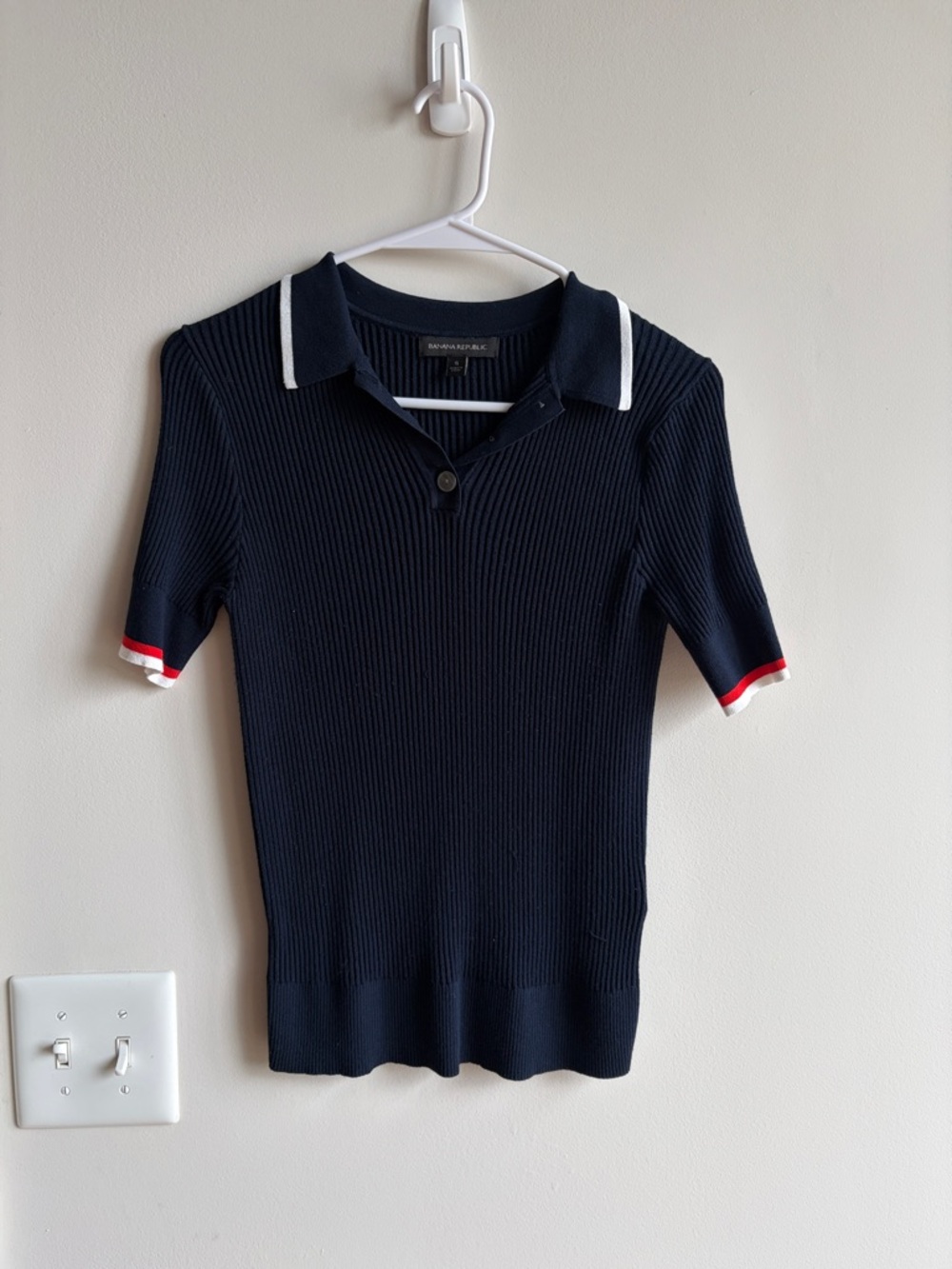 Banana Republic Navy Ribbed Polo with White & Red Accent